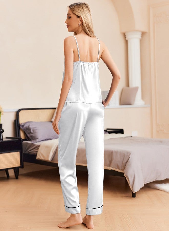 Ekouaer Women Silk Satin Pajamas Sleeveless Pjs Set 2 Piece Summer Loungewear Sleepwear with Pockets Pure White,S - Image 5